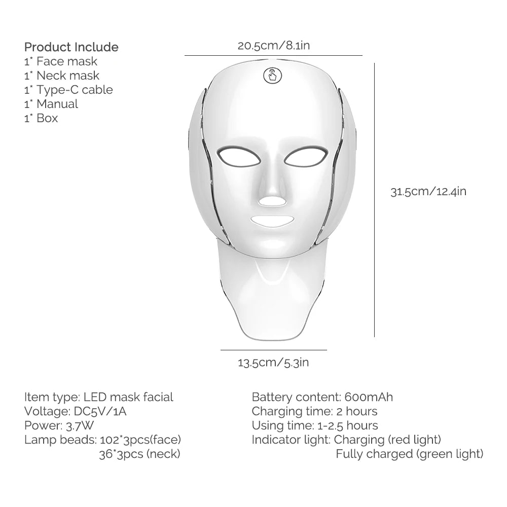 7 Colors LED Face Neck Mask Rechargeable LED Photon Beauty Mask Machine Facial Lifting Skin Care Tool